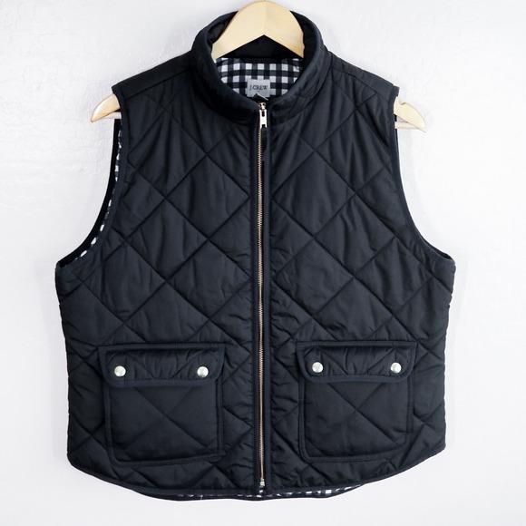 J. Crew Jackets & Blazers - J Crew Quilted Puffer Vest Black Gingham Lined Zipper Pockets Womens Large